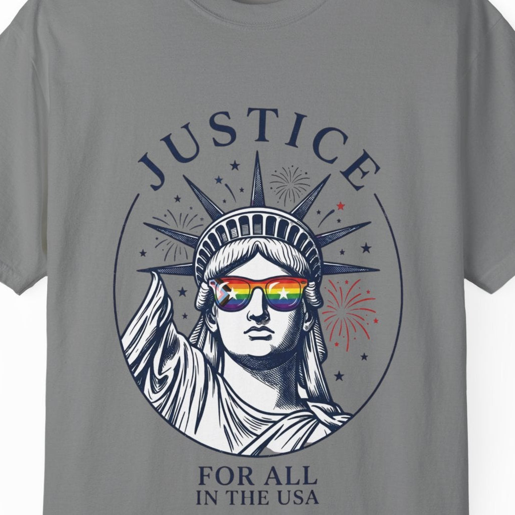 Gray t-shirt with Statue of Liberty graphic and 'Justice for all in the USA' text on a white background