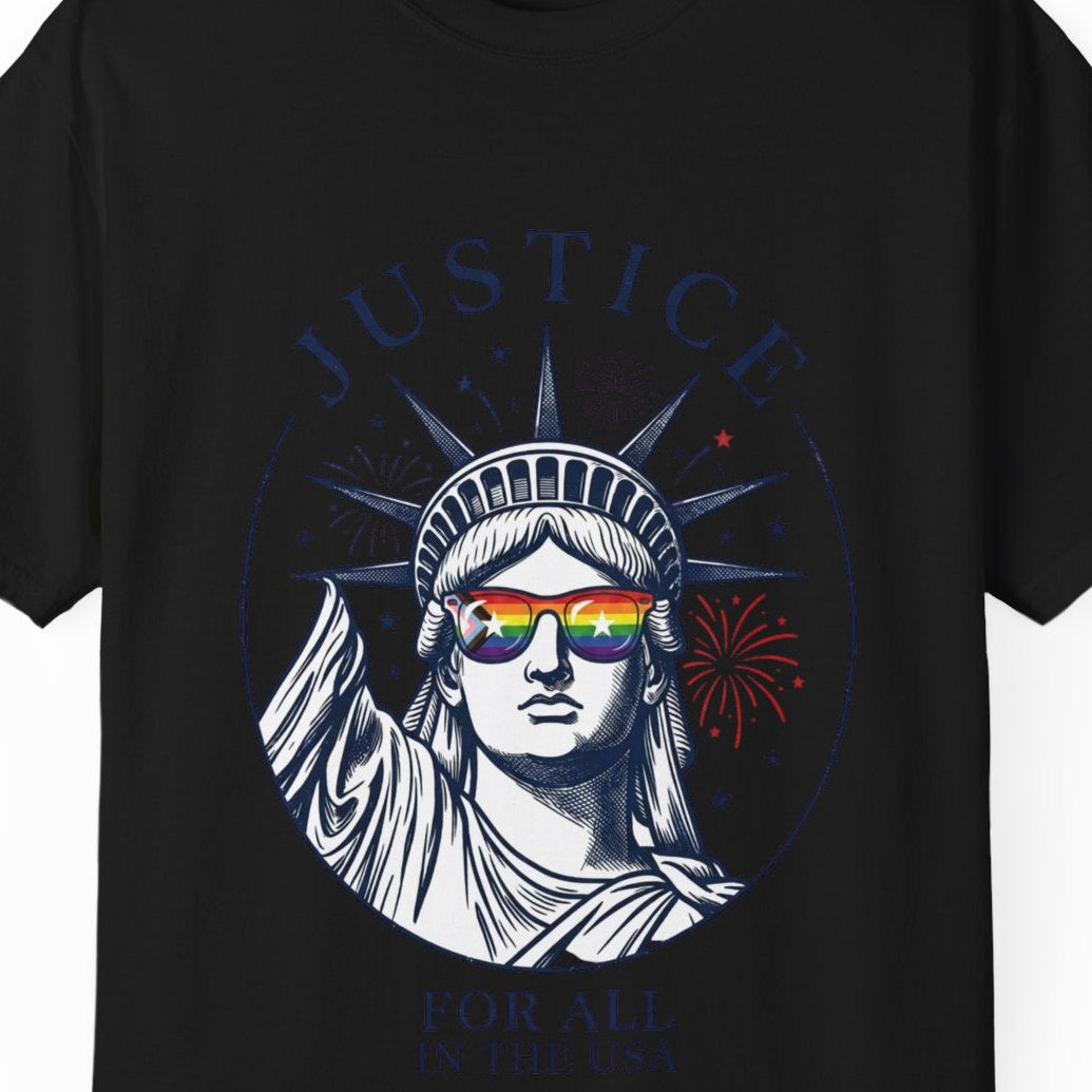 Black t-shirt with Statue of Liberty graphic and 'Justice' text on a white background