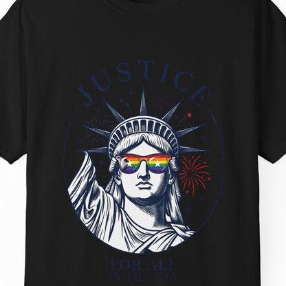 Black t-shirt with Statue of Liberty graphic and 'Justice' text on a white background