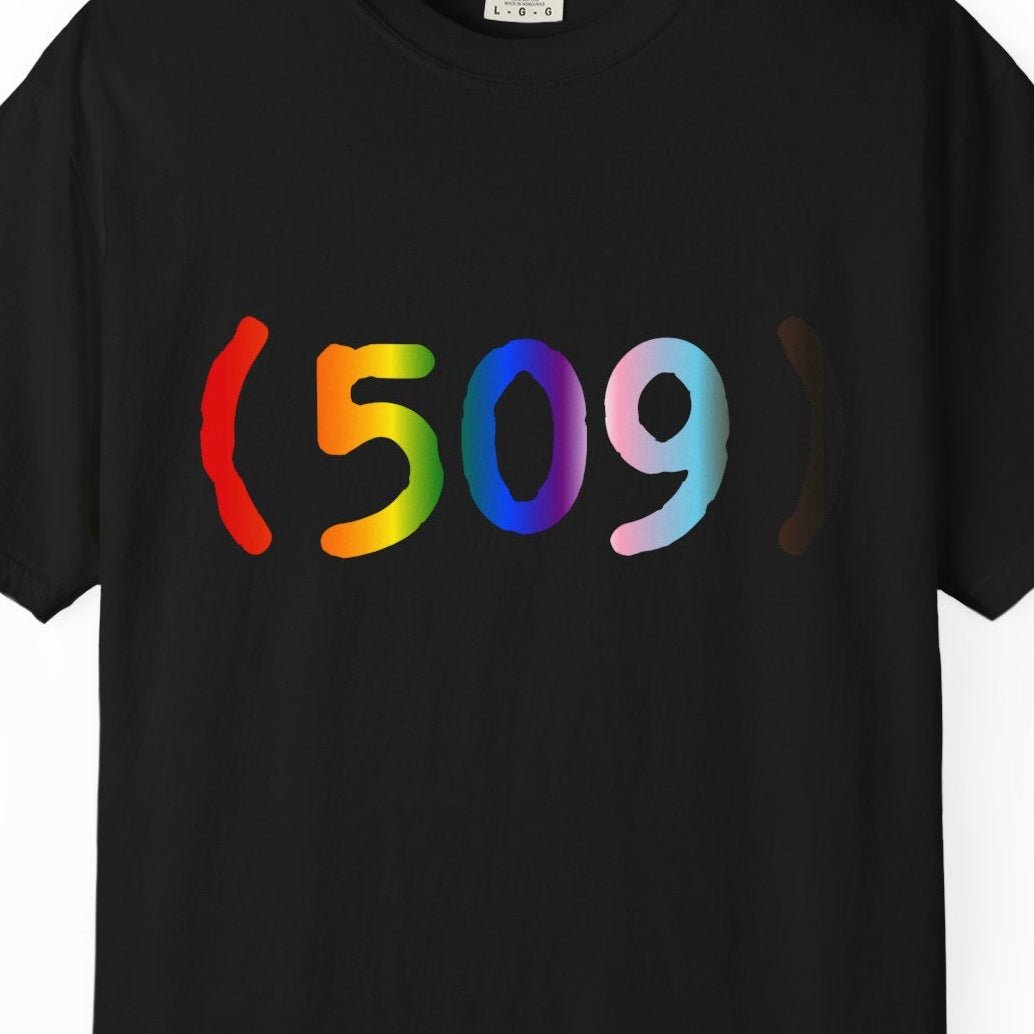 509 Area Code Rainbow T‑Shirt — Pride Local Spokane Phone Area Code Tee - Queer Energy