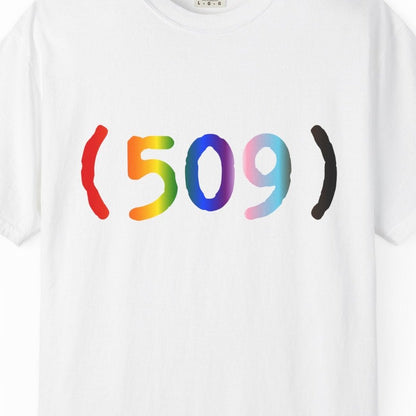 509 Area Code Rainbow T‑Shirt — Pride Local Spokane Phone Area Code Tee - Queer Energy