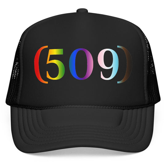 (509) Progress Flag Foam Trucker Hat | Designed by Queer Energy - Queer Energy