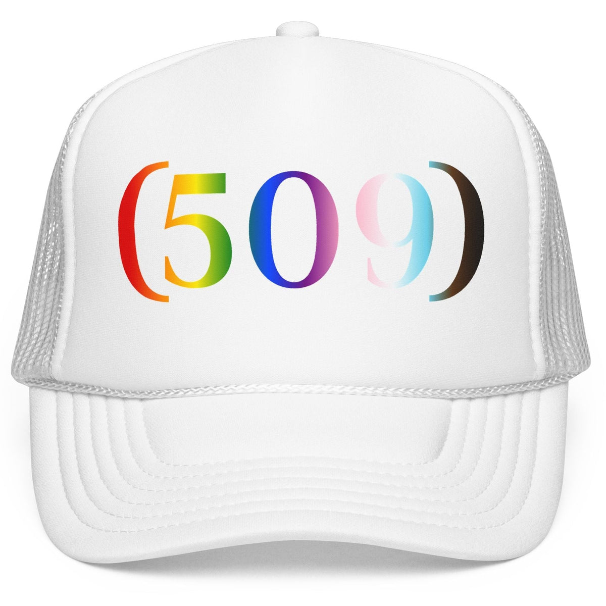 (509) Progress Flag Foam Trucker Hat | Designed by Queer Energy - Queer Energy