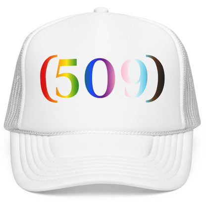 (509) Progress Flag Foam Trucker Hat | Designed by Queer Energy - Queer Energy