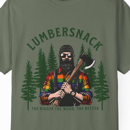 An olive green short-sleeve t-shirt with a graphic print of a lumberjack holding an axe in front of pine trees, with the text 'LUMBERSNACK' and 'THE BIGGER THE WOOD, THE BETTER' on a white background.