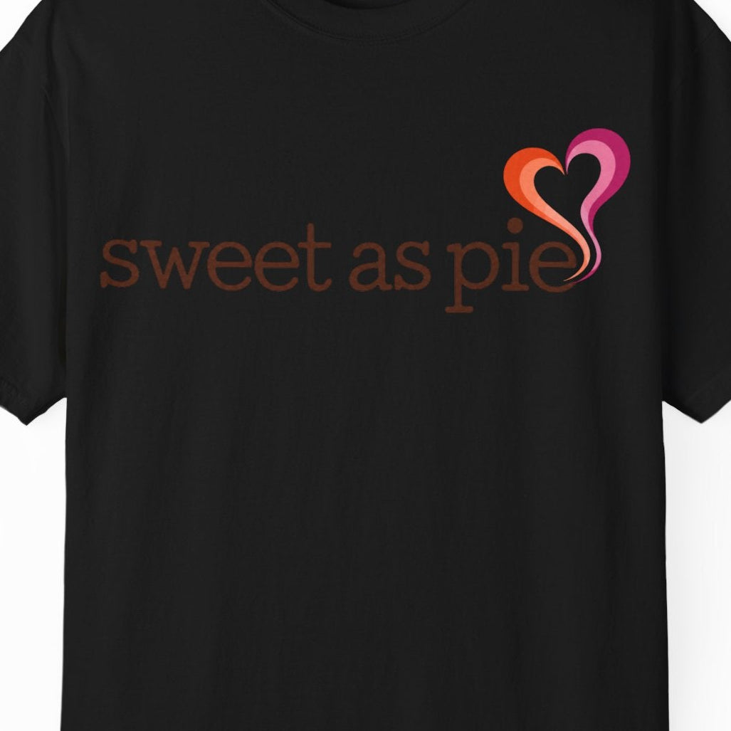 Sweet as Pie gay pride black colored tee with Lesbian Flag colored steamy-heart graphic, sapphic lesbian design Designed by Queer Energy