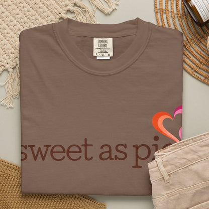 Sweet as Pie gay pride espresso colored tee with Lesbian Flag colored steamy-heart graphic, sapphic lesbian design Designed by Queer Energy