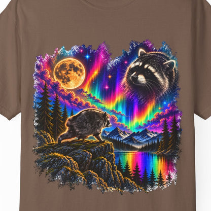 An espresso-colored crewneck t-shirt featuring a vibrant, colorful graphic print of Jimothy, the moon, and LGBTIQ rainbow landscape. 