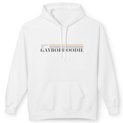 A white pullover hoodie that says, This Is My Gayborhoodie gay pride hoodie with rainbow stripe, queer humor design, Designed by Queer Energy