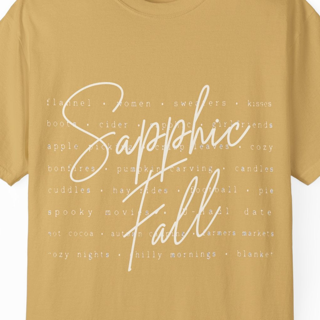 Sapphic Fall lesbian yellow tee with flannel, women, cider, kisses, pumpkin carving, football and cozy autumn themes