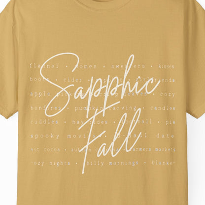 Sapphic Fall lesbian yellow tee with flannel, women, cider, kisses, pumpkin carving, football and cozy autumn themes