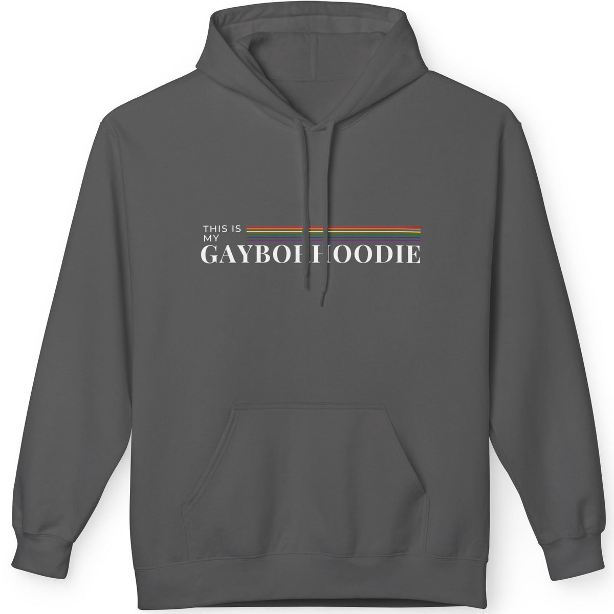 A gray pullover hoodie that says, This Is My Gayborhoodie gay pride hoodie with rainbow stripe, queer humor design, Designed by Queer Energy