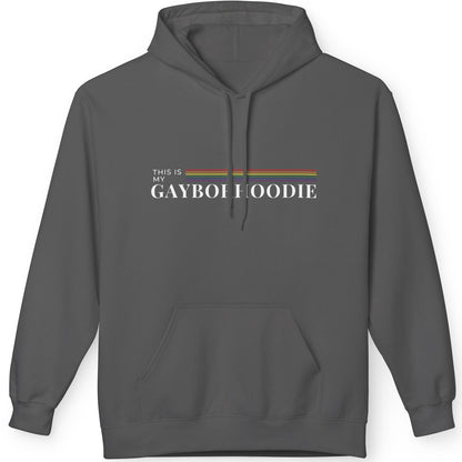 A gray pullover hoodie that says, This Is My Gayborhoodie gay pride hoodie with rainbow stripe, queer humor design, Designed by Queer Energy