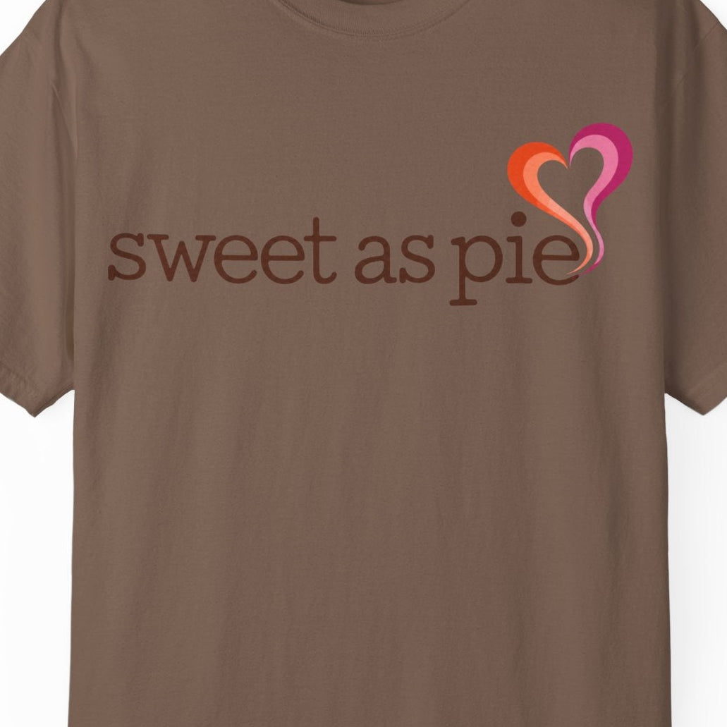 Sweet as Pie gay pride white colored short sleeved tee with Lesbian Flag colored steamy-heart graphic, sapphic lesbian design Designed by Queer Energy