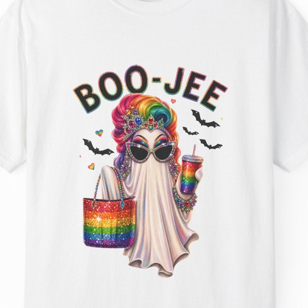 A white short-sleeve crewneck t-shirt featuring a colorful Halloween graphic on the front. The graphic displays the text 'BOO-JEE' above a Drag Queen ghost character with LGBTQ rainbow hair, sunglasses, a rainbow tote bag, and a rainbow drink, set against a plain white background.