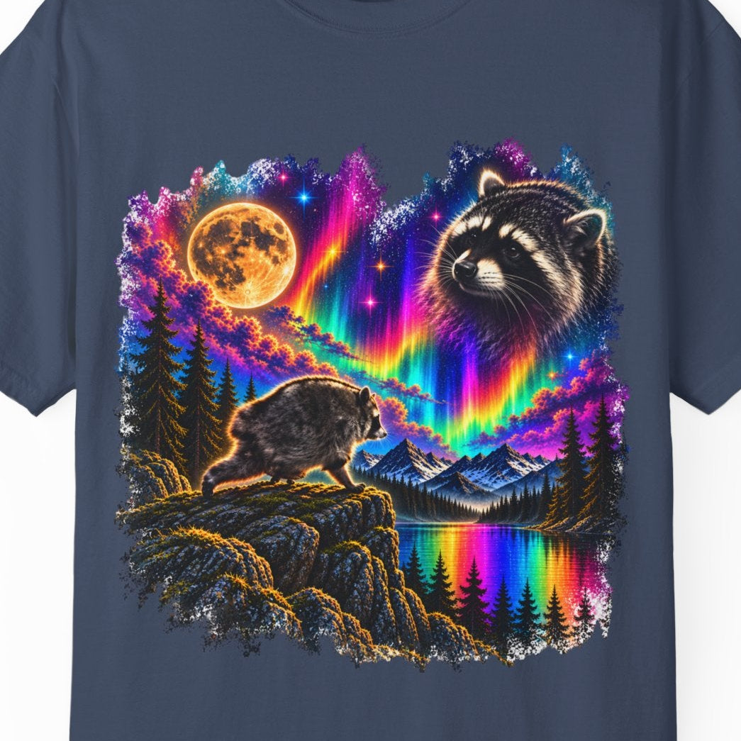 A navy-colored crewneck t-shirt featuring a vibrant, colorful graphic print of Jimothy, the moon, and LGBTIQ rainbow landscape. 