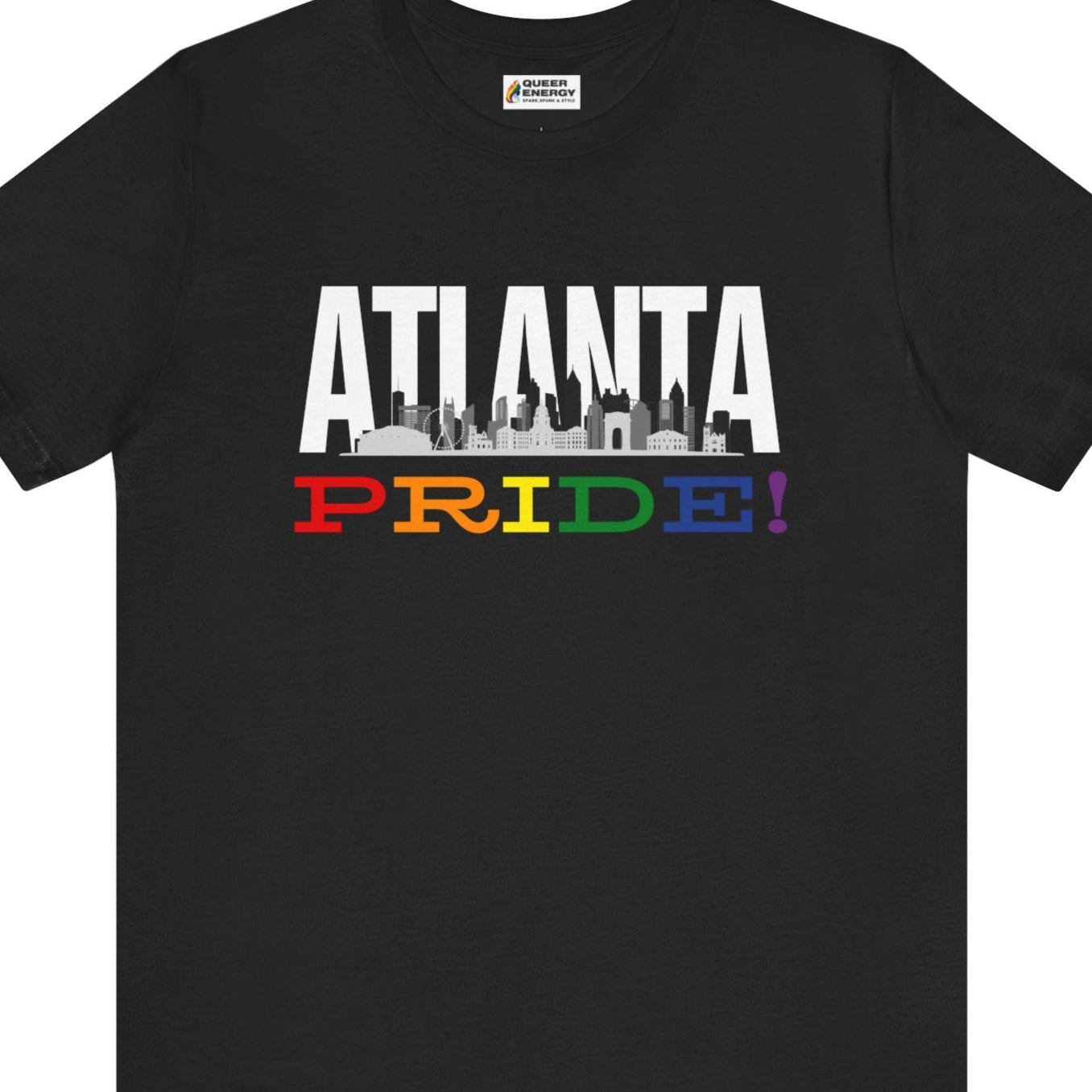 Gay pride t-shirt featuring ATLANTA PRIDE rainbow skyline LGBTQ+ design – Designed by Queer Energy in black
