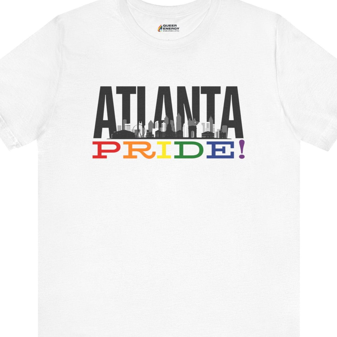 Gay pride t-shirt featuring ATLANTA PRIDE rainbow skyline LGBTQ+ design – Designed by Queer Energy in white