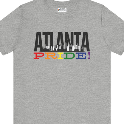 Gay pride t-shirt featuring ATLANTA PRIDE rainbow skyline LGBTQ+ design – Designed by Queer Energy in heather gray