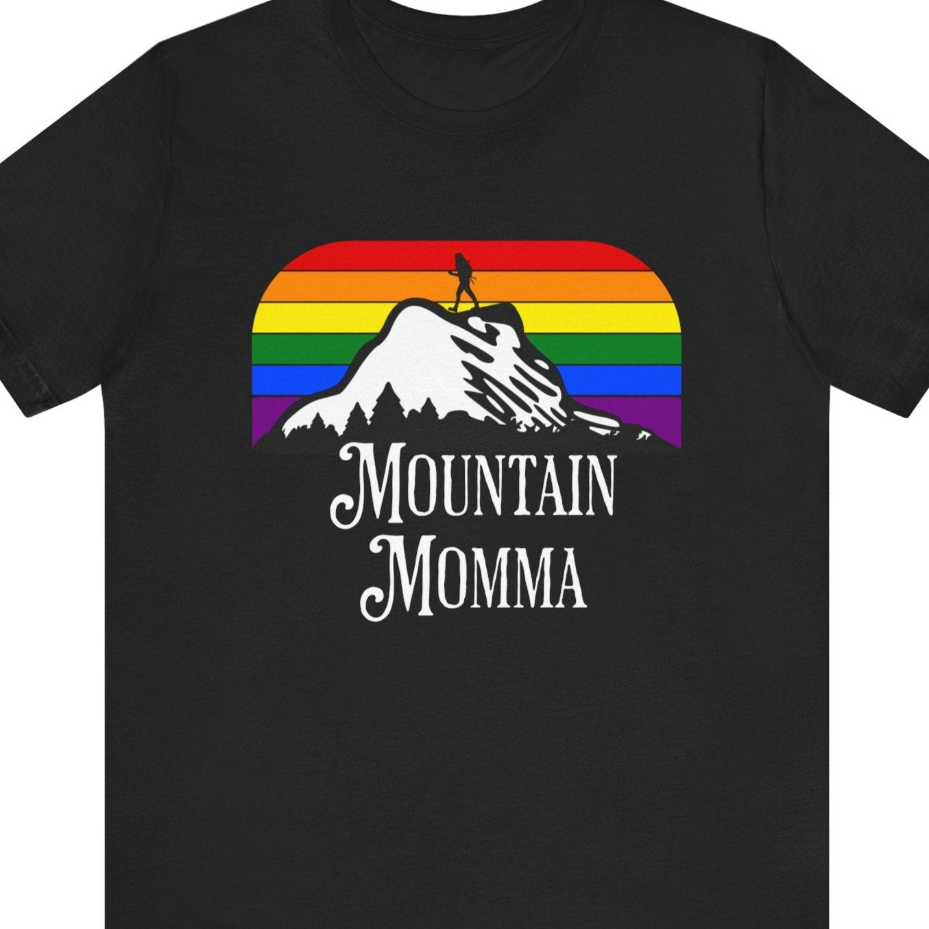 A black Lesbian Pride tee that says Mountain Momma| LGBT Pride tee with rainbow  designed by Queer Energy 