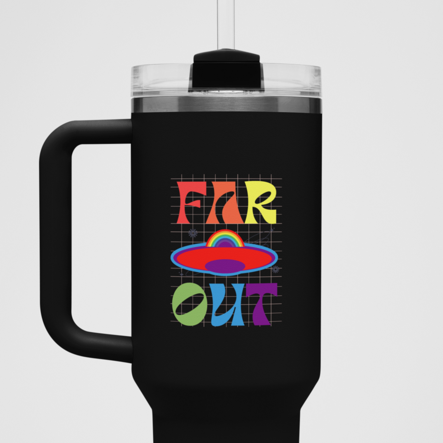 A black colored Gay Pride Polar Camel MUG that says Far Out in rainbow colors| Pride mug designed by Queer Energy  