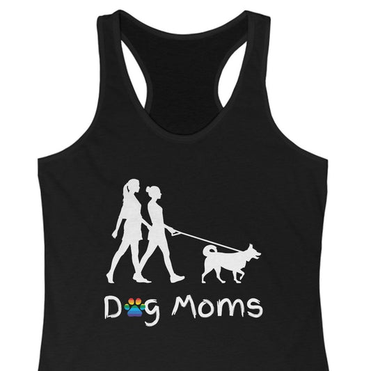 A LGBT  Prideracer back tank top  that is black in color for a Gay Pride tank tops that says "Dog Moms" with two Lesbians walking their dog with a pag print in lgbtq rainbow colors| Pride racer back tank top designed by Queer Energy 