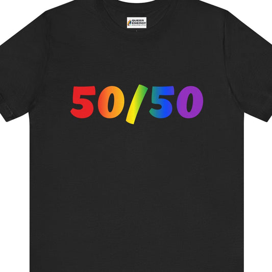 A black colored Gay Pride tee that says 50/50 in rainbow colors for bisexuals| Pride t-shirt designed by Queer Energy  