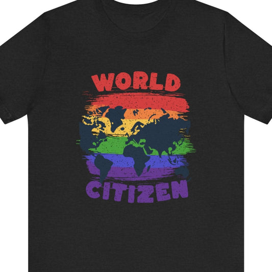 A black colored Gay Pride tee that says WORLD CITIZEN in rainbow colors | Pride t-shirt designed by Queer Energy her Autumn colored Gay Pride tee that says Equality PEACE LOVE & PRIDE in rainbow colors | Pride t-shirt designed by Queer Energy