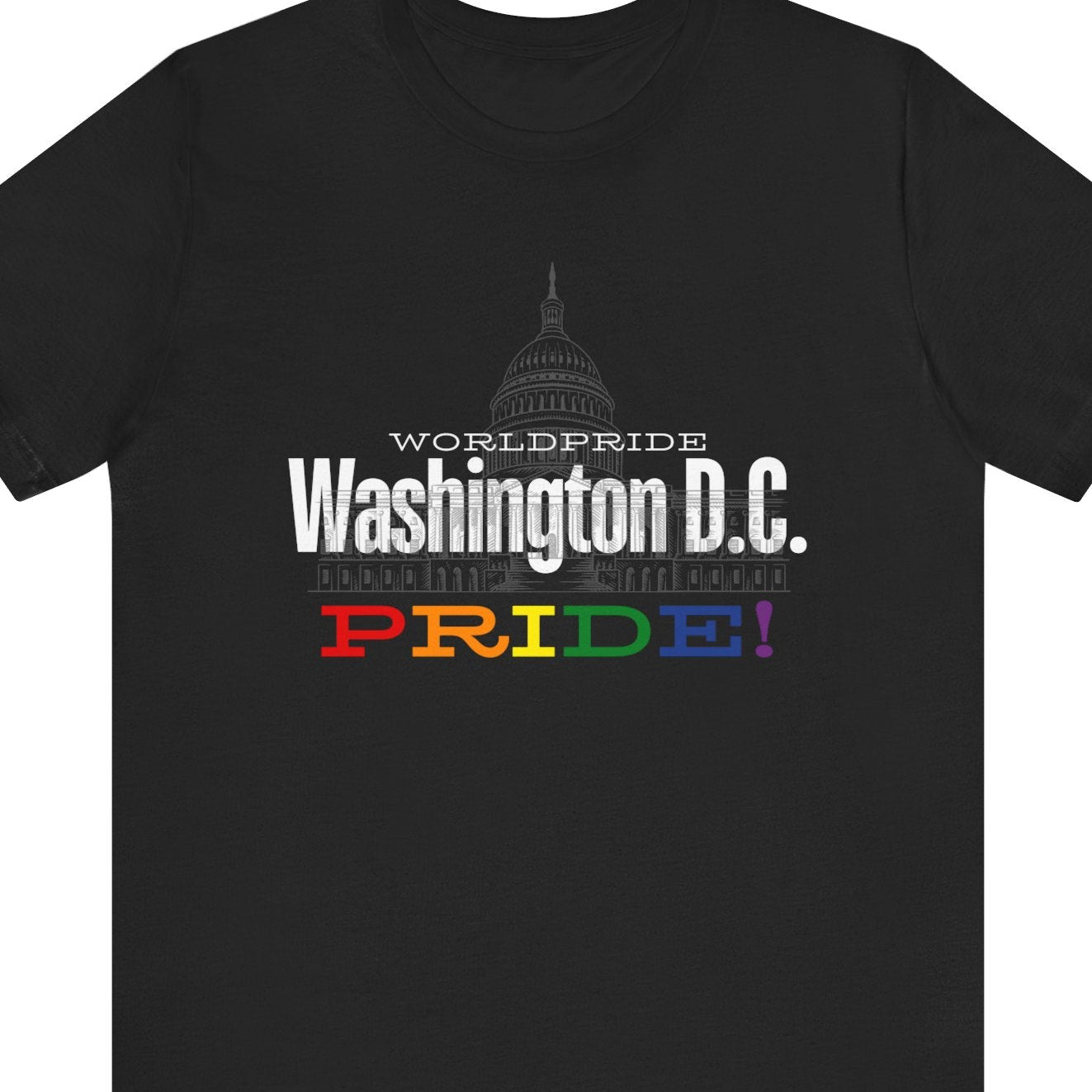 A  LGBT  Pride shirt that is black in color for a Gay Pride tee that says "WorldPride Washington D.C. PRIDE" with lgbtq rainbow colors| Pride t-shirt designed by Queer Energy 
