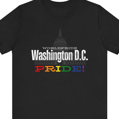 A  LGBT  Pride shirt that is black in color for a Gay Pride tee that says "WorldPride Washington D.C. PRIDE" with lgbtq rainbow colors| Pride t-shirt designed by Queer Energy 
