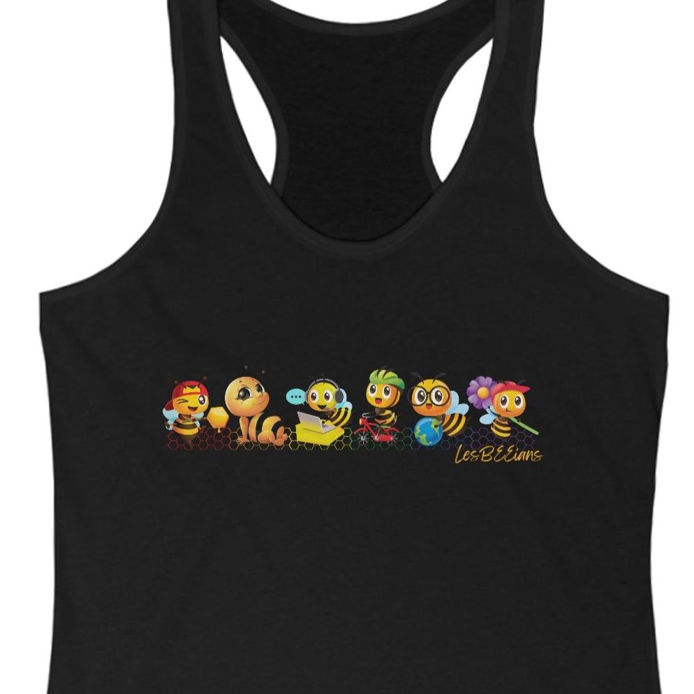 A black racer back tank top of bee's each a color of the LGBTQ rainbow with different gay personalities. Designed by Queer Energy