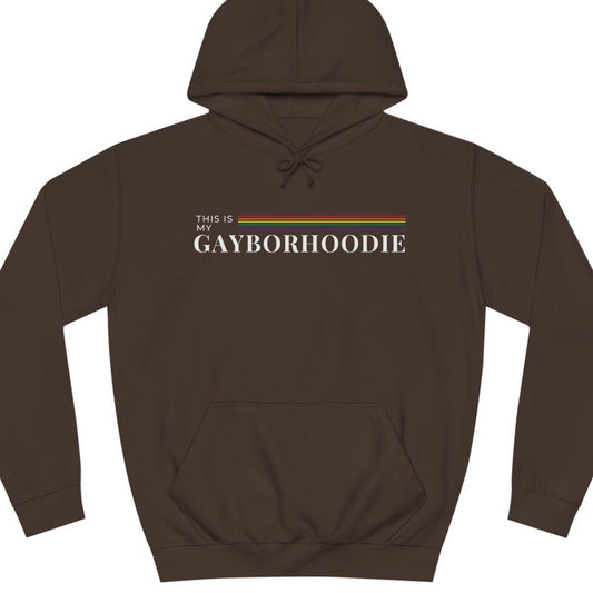 A LGBT Pride hoodie that is brown in color for a Gay Pride tee that says "This is my GAYBORHOODIE" with LGBTIQQ rainbow colors| Pride sweatshirt designed by Queer Energy 