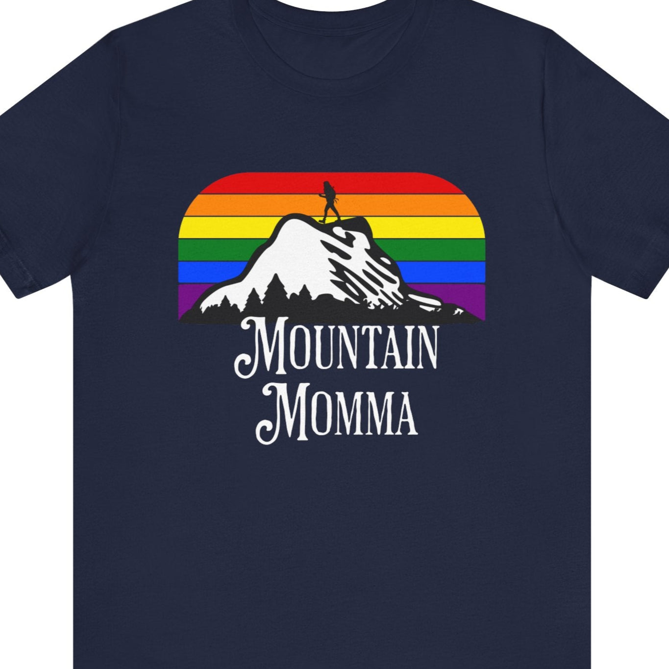 A black Lesbian Pride tee that says Mountain Momma| LGBT Pride t-shirt with rainbow designed by Queer Energy 