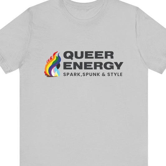 A gray colored Gay Pride tee that says Queer Energy with a flame in rainbow colors | Pride t-shirt designed by Queer Energy  