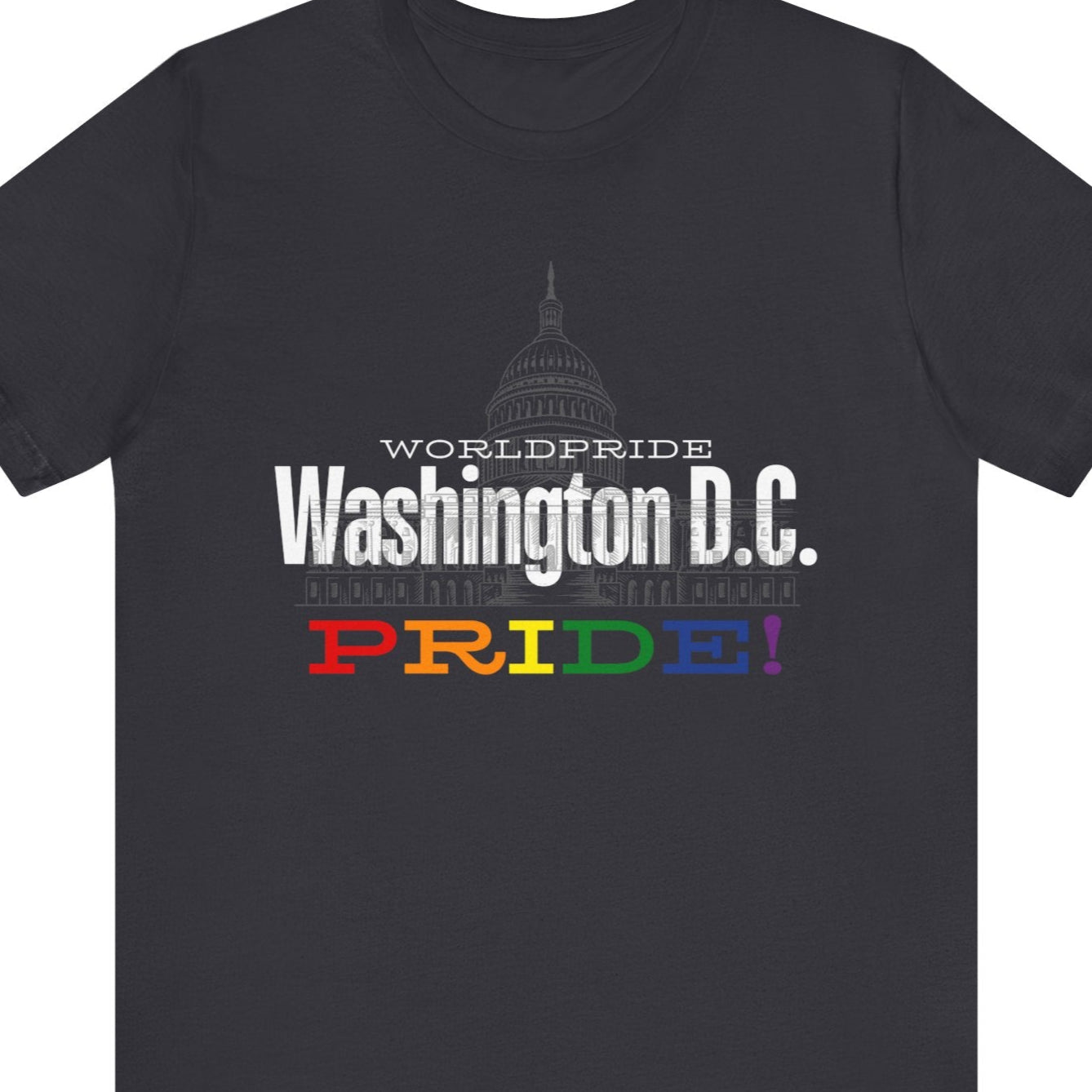 A  LGBT  Pride shirt that is gray in color for a Gay Pride tee that says "WorldPride Washington D.C. PRIDE" with lgbtq rainbow colors| Pride t-shirt designed by Queer Energy 