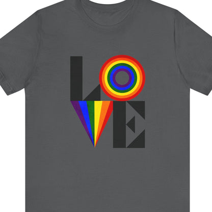 A gray colored Gay Pride tee that says LOVE with LGBTQ rainbow colors | Pride t-shirt designed by Queer Energy 