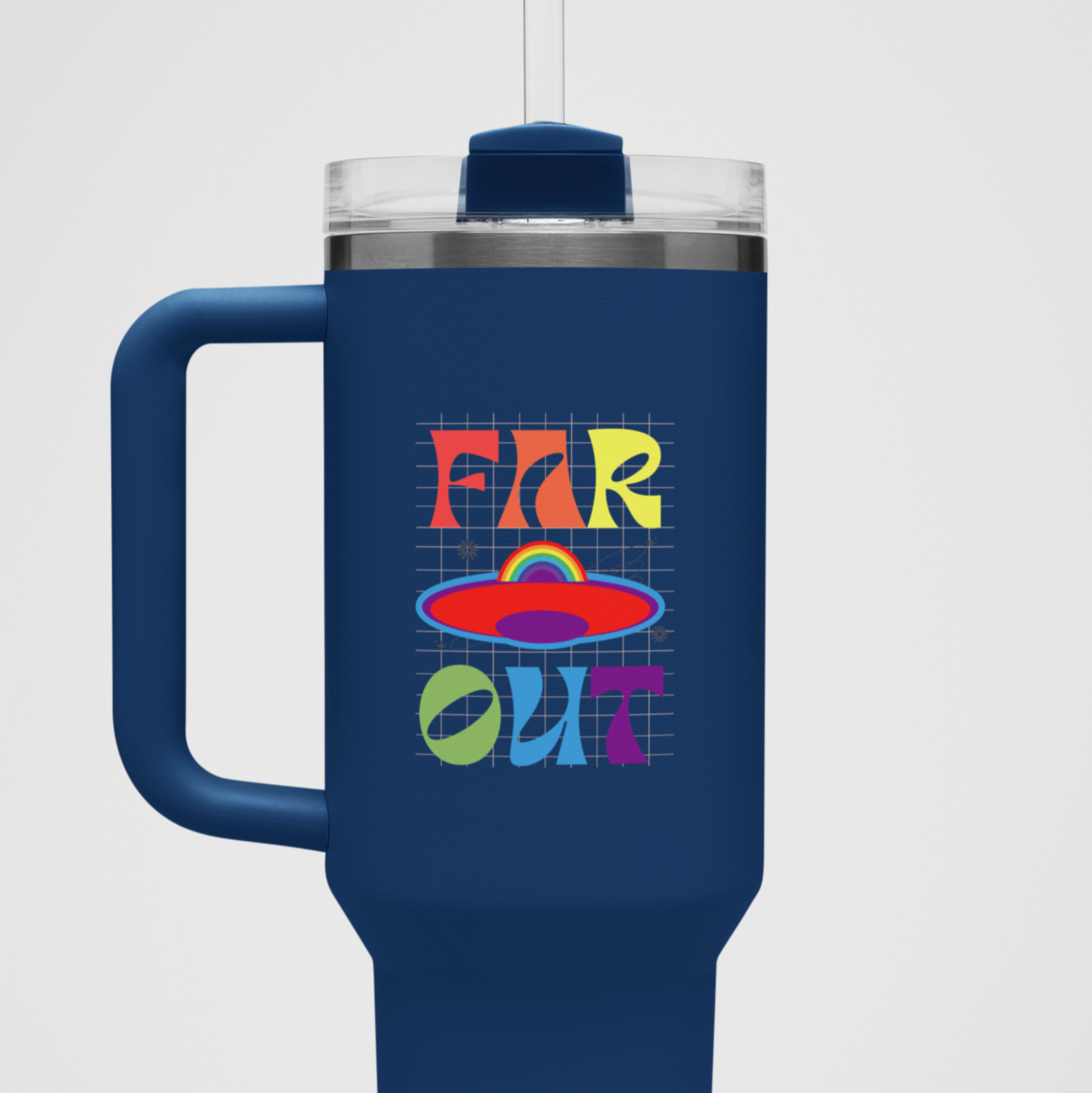 A navy-colored Gay Pride Polar Camel MUG that says Far Out in rainbow colors| Pride mug designed by Queer Energy  