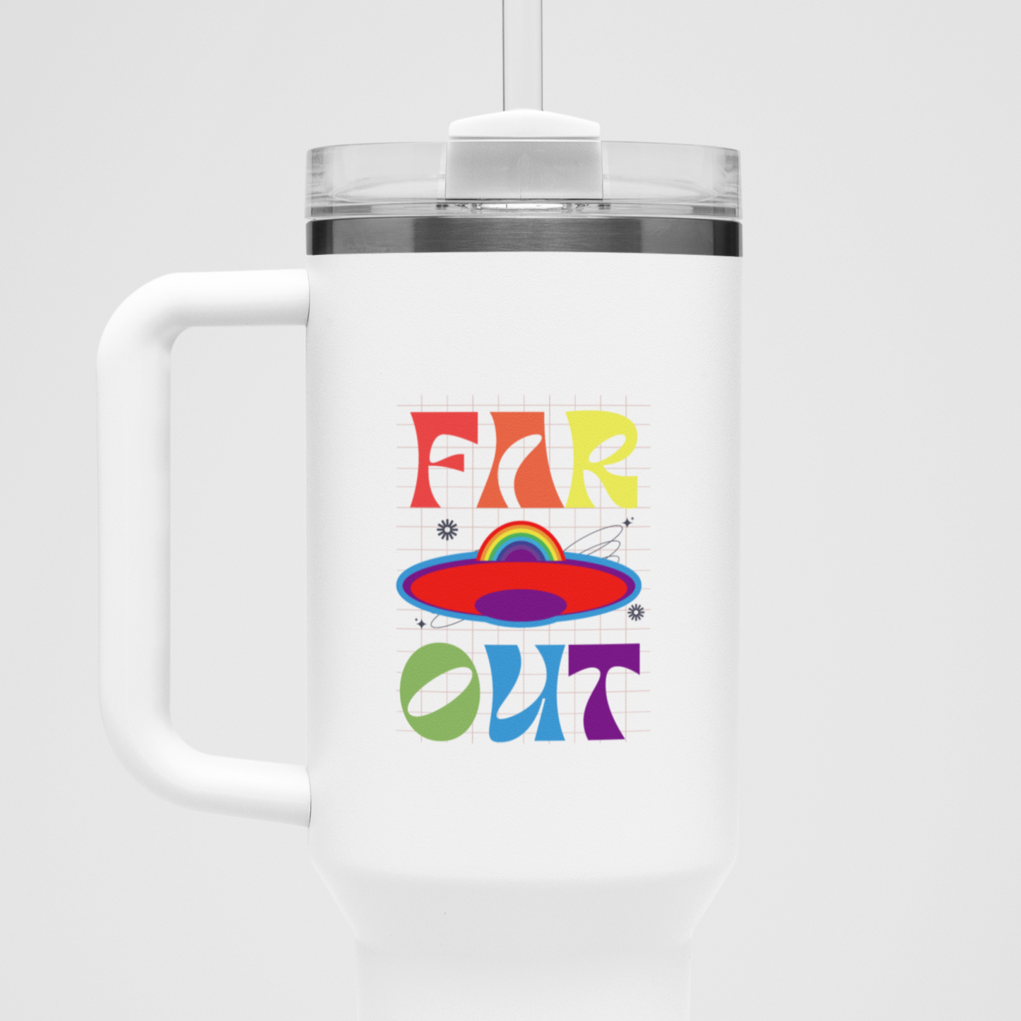 A white colored Gay Pride Polar Camel MUG that says Far Out in rainbow colors| Pride mug designed by Queer Energy  