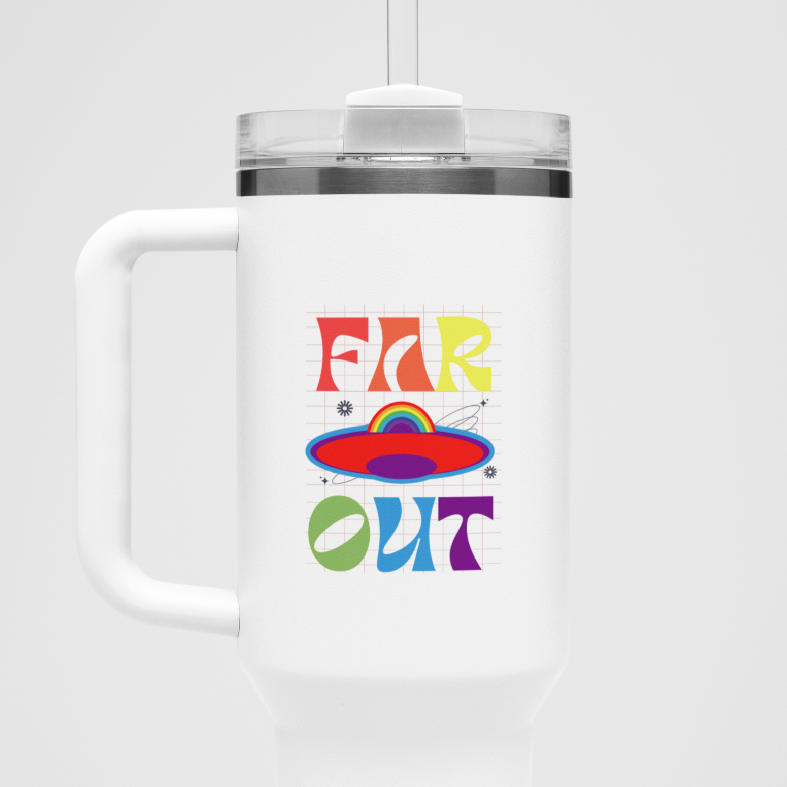 A white colored Gay Pride Polar Camel MUG that says Far Out in rainbow colors| Pride mug designed by Queer Energy  