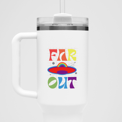 A white colored Gay Pride Polar Camel MUG that says Far Out in rainbow colors| Pride mug designed by Queer Energy  