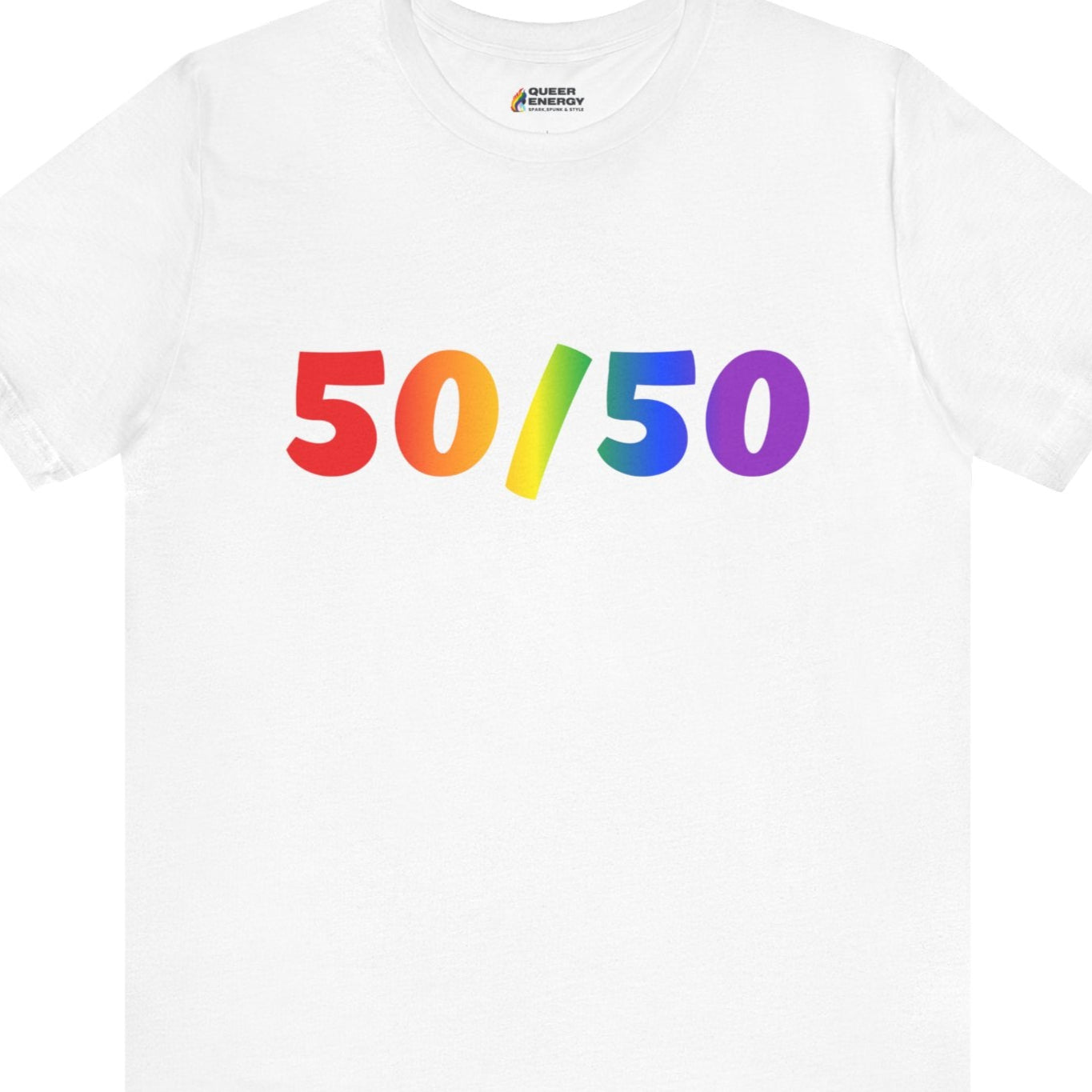A white colored Gay Pride tee that says 50/50 in rainbow colors for bisexuals| Pride t-shirt designed by Queer Energy  