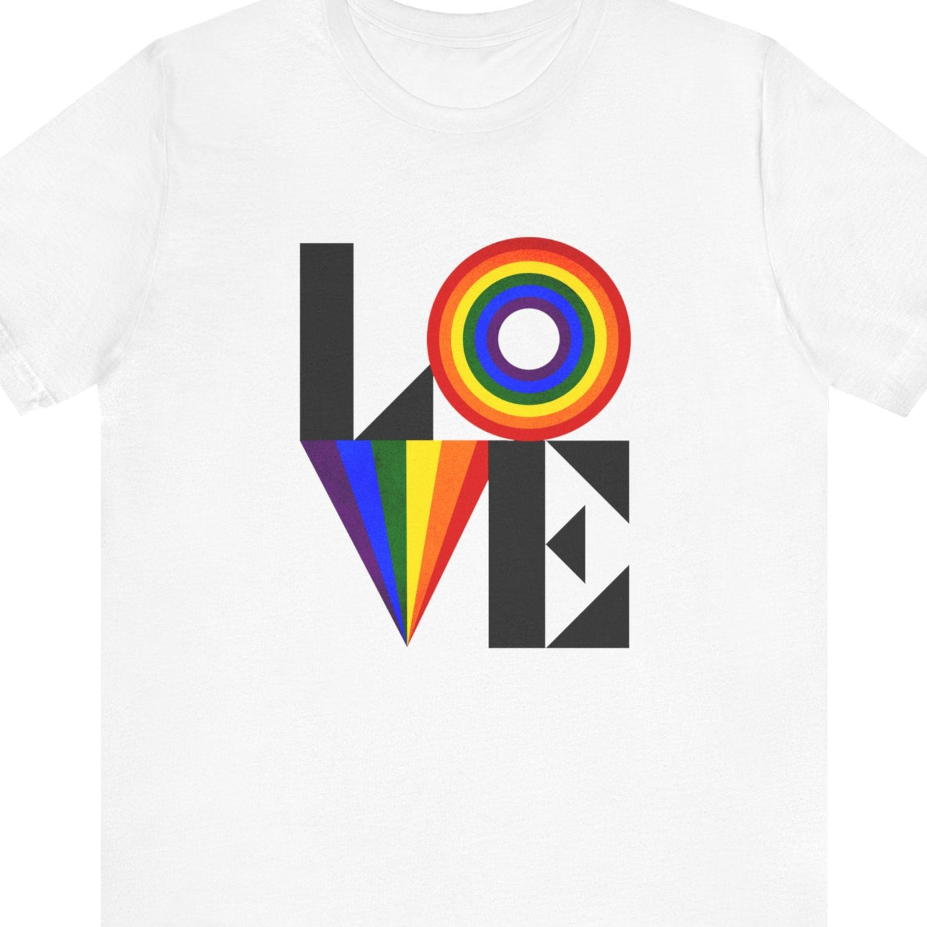 A white colored Gay Pride tee that says LOVE with LGBTQ rainbow colors | Pride t-shirt designed by Queer Energy 