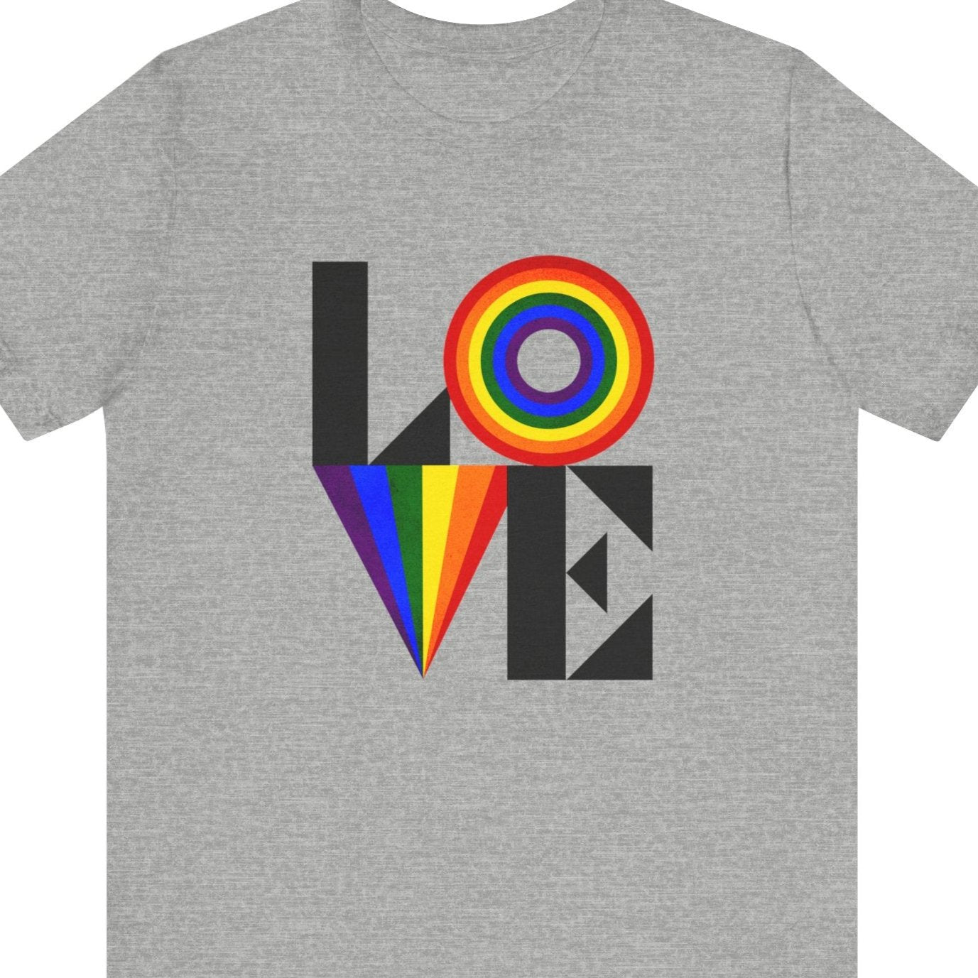 An athletic heather Gay Pride tee that says LOVE  with LGBTQ rainbow colors | Pride t-shirt designed by Queer Energy 
