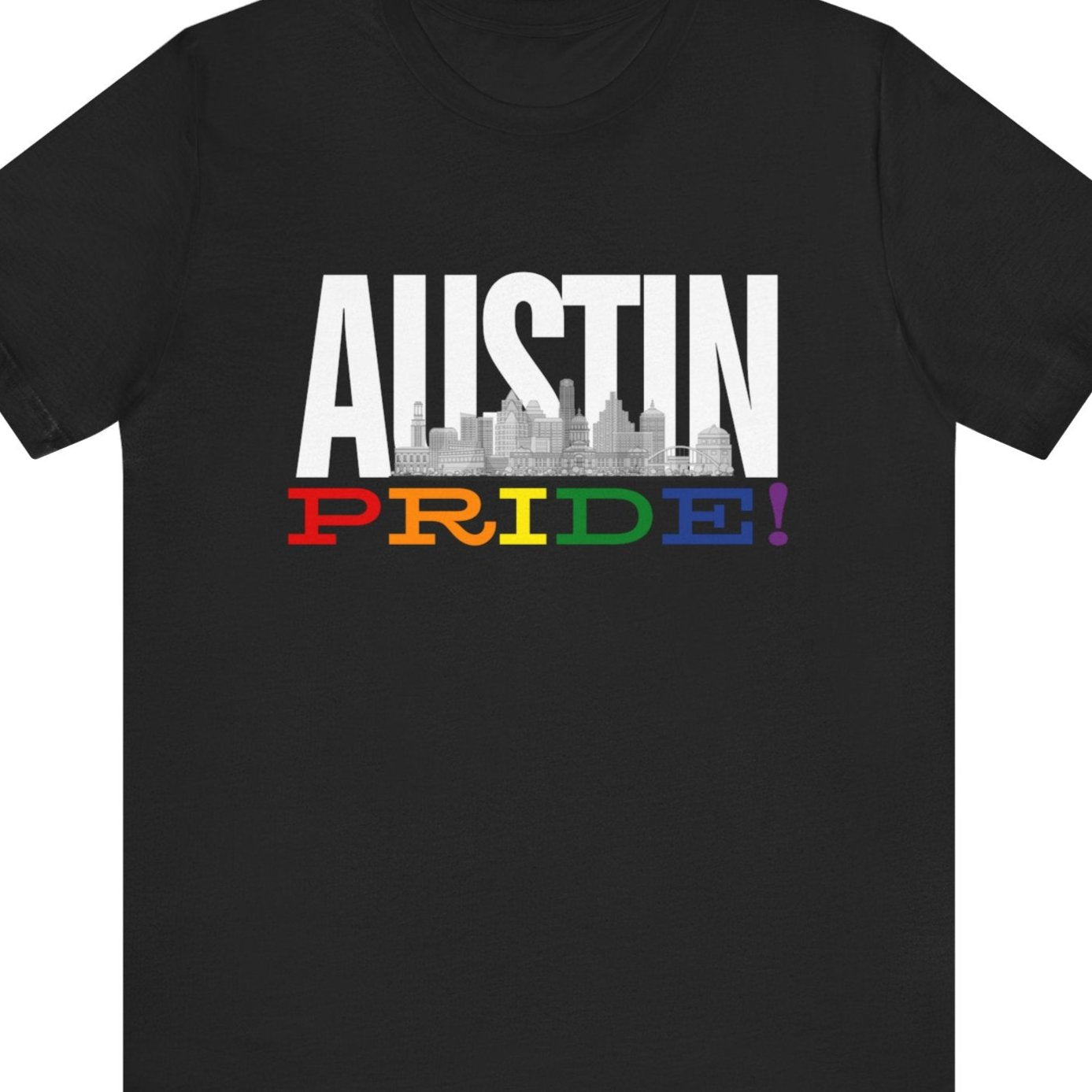 Gay pride t-shirt featuring the Austin gay pride with rainbow accents – Designed by Queer Energy in black