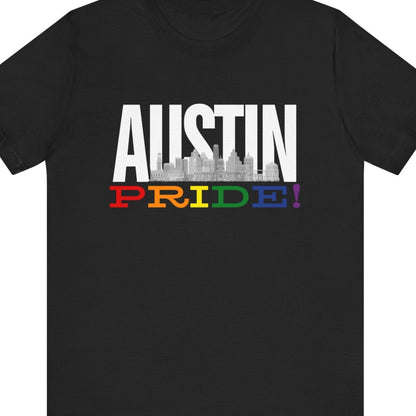 Gay pride t-shirt featuring the Austin gay pride with rainbow accents – Designed by Queer Energy in black