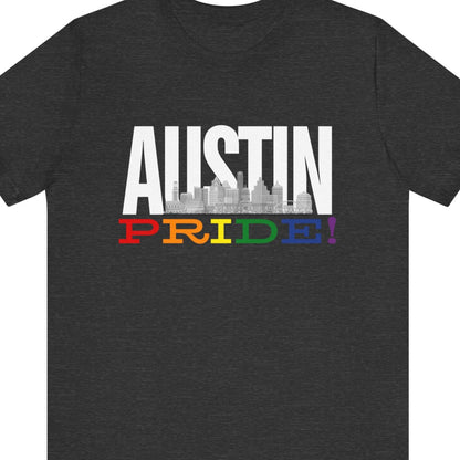 Gay pride t-shirt featuring the Austin skyline with rainbow accents – Designed by Queer Energy in dark gray