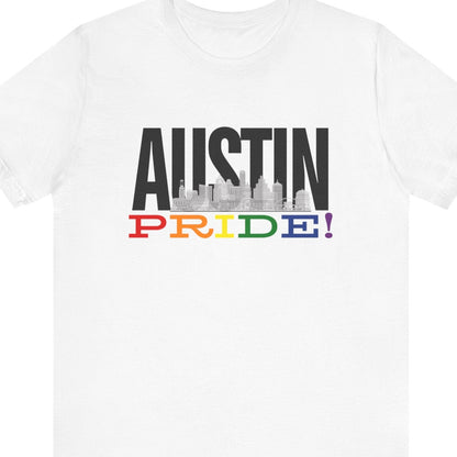 Gay pride t-shirt featuring the Austin skyline with rainbow accents – Designed by Queer Energy in white