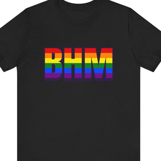 Black T-shirt that says BHM | Birmingham International Airport| Pride tee with the text in Pride rainbow colors