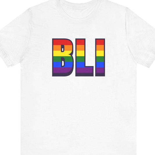 White T-shirt that says BLI | Bellingham| Pride tee with the text in Pride rainbow colors