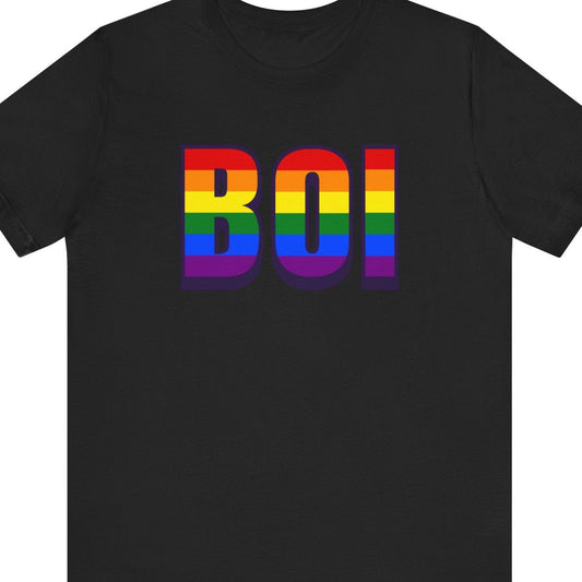Black T-shirt that says BOI | Boise| Pride tee with the text in Pride rainbow colors - Black BOI Pride tee